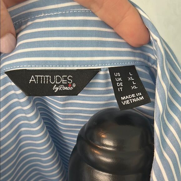 Attitudes by Renee Pleated Cuff Blue Chambray Stripe Button-Up Shirt Sz Large - Picture 3 of 6